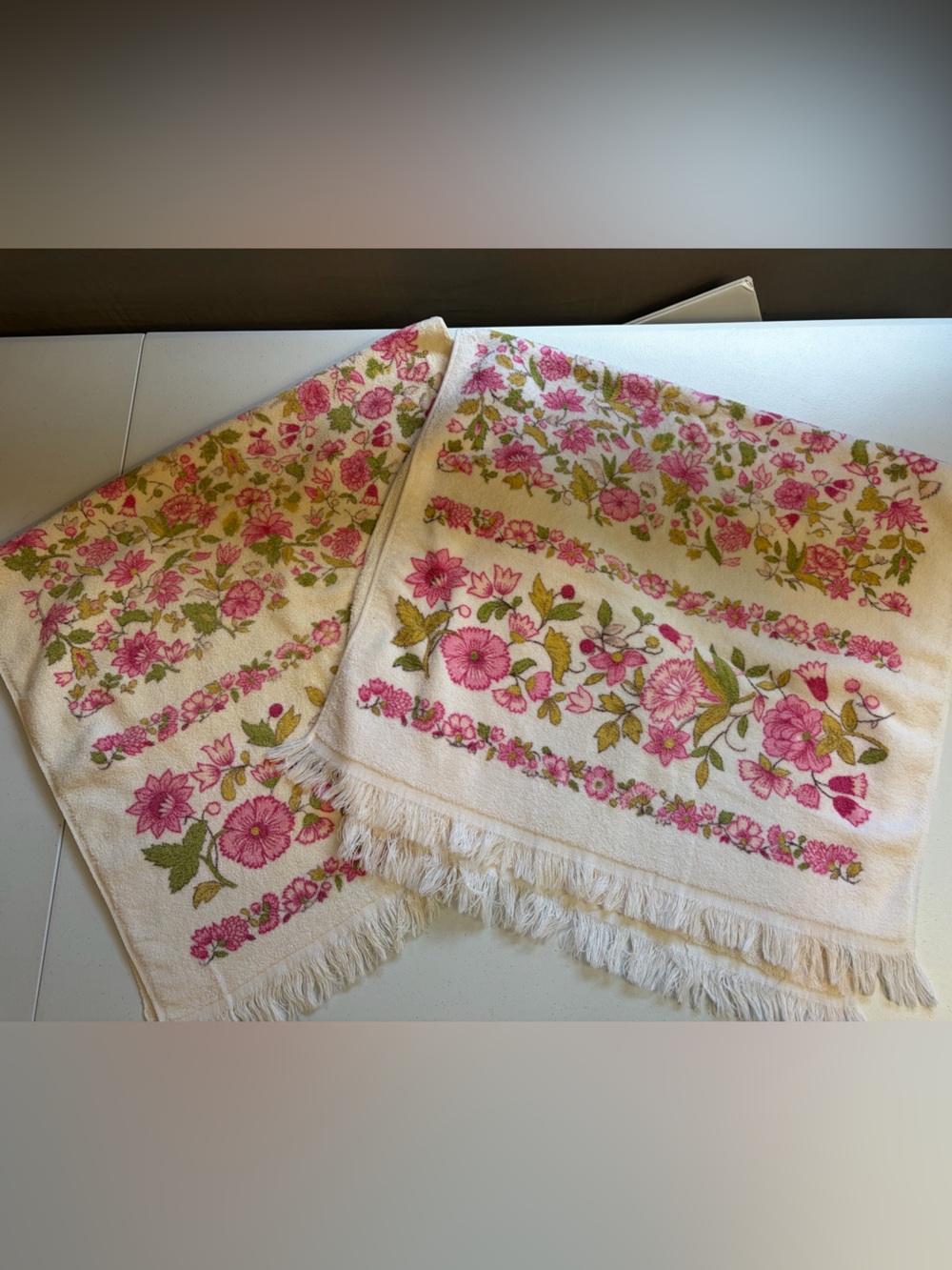 Vintage Mid Century Floral Pink Hand Towel set Fringe Retro Mod Decor 1970s 70s